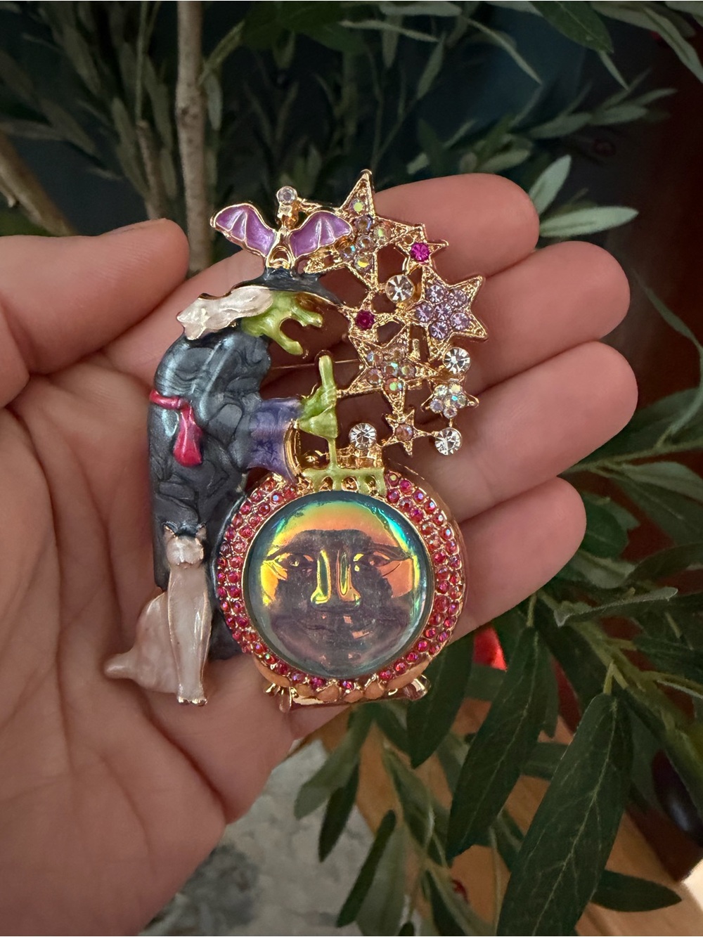 Enamel Witch, Moon & Star Brooch in Multicolor with Gold Accents